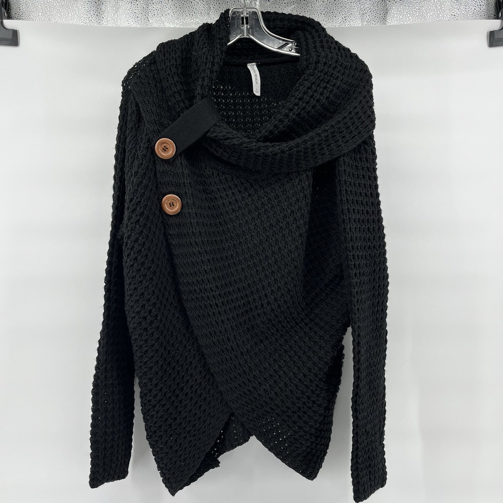 Zenana Outfitters Black Cowl Neck Buttoned Sweater